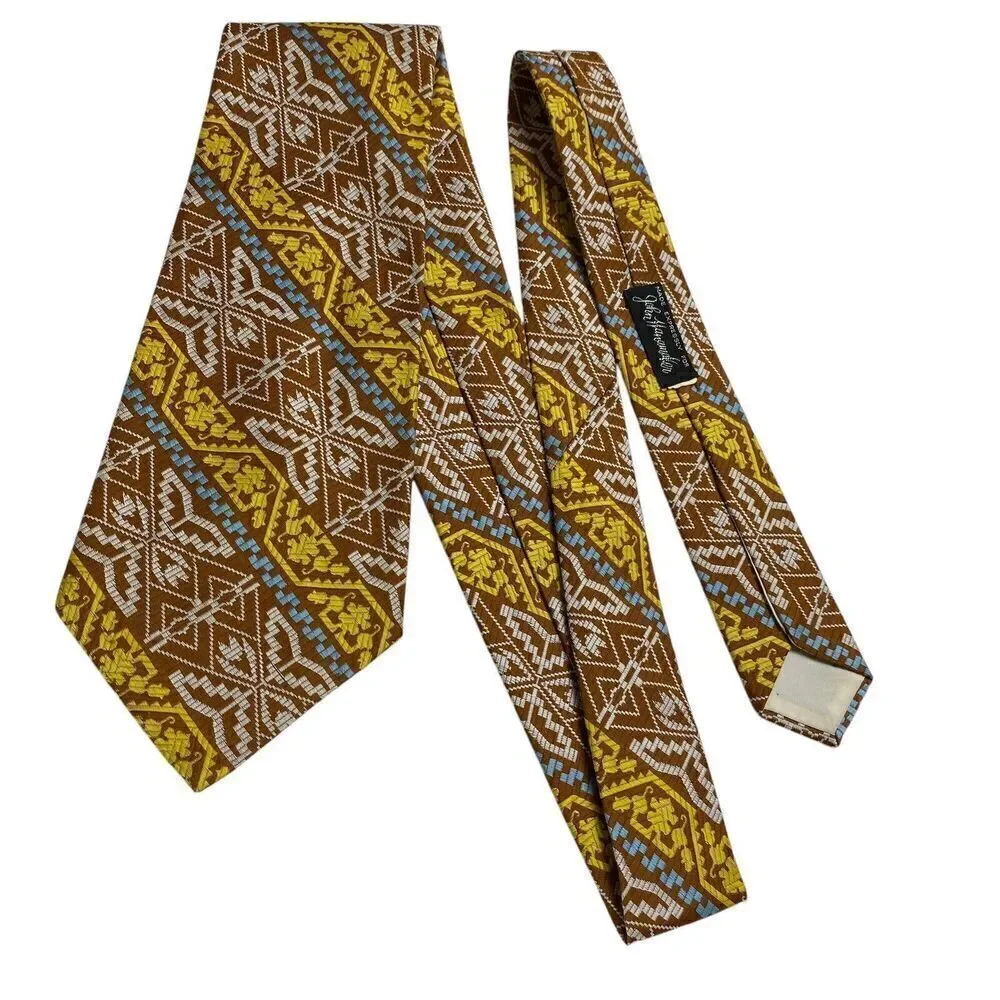 Tie Men's Necktie Wide Polyester Brown Geometric Stripe Mod Disco 70's